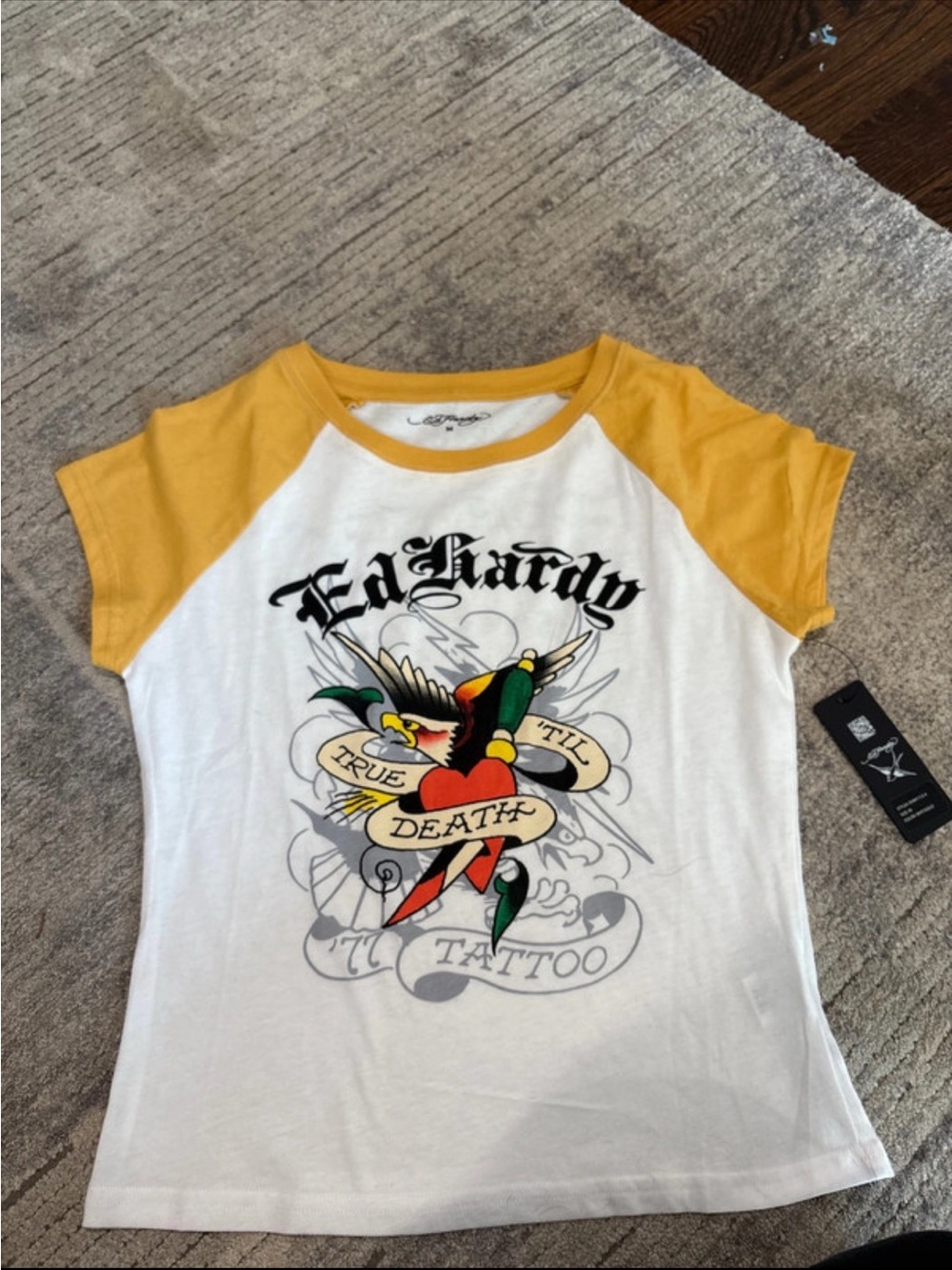Ed Hardy White Tee with Yellow Raglan Sleeves and Multicolor Tattoo Graphic NWT
